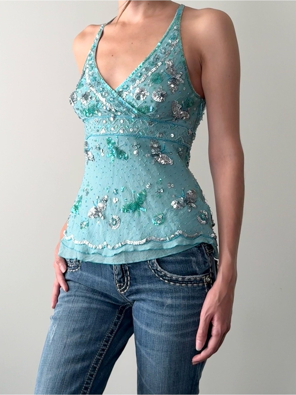Y2K teal blue Bebe 100% silk butterfly beaded camisole